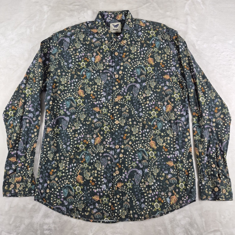 Yiume Button Up Shirt Men's Large Green Floral Long Sleeve 100% Cotton Comfort